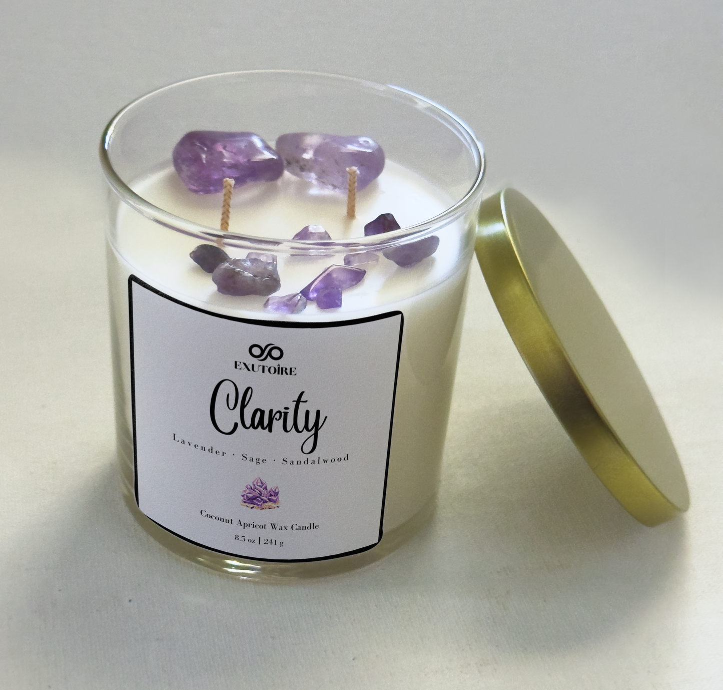 Exutoire Candle Co Clarity, Lavender, Sage, Amethyst Crystal Gemstone, Home Fragrance 8.5 oz Atlanta GA