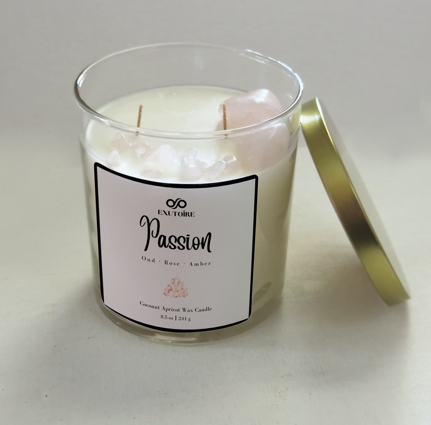 Exutoire Candle Co Opulence, Rose, Oud, Rose Quartz Crystal Gemstone, Home Fragrance 8.5 oz Atlanta GA