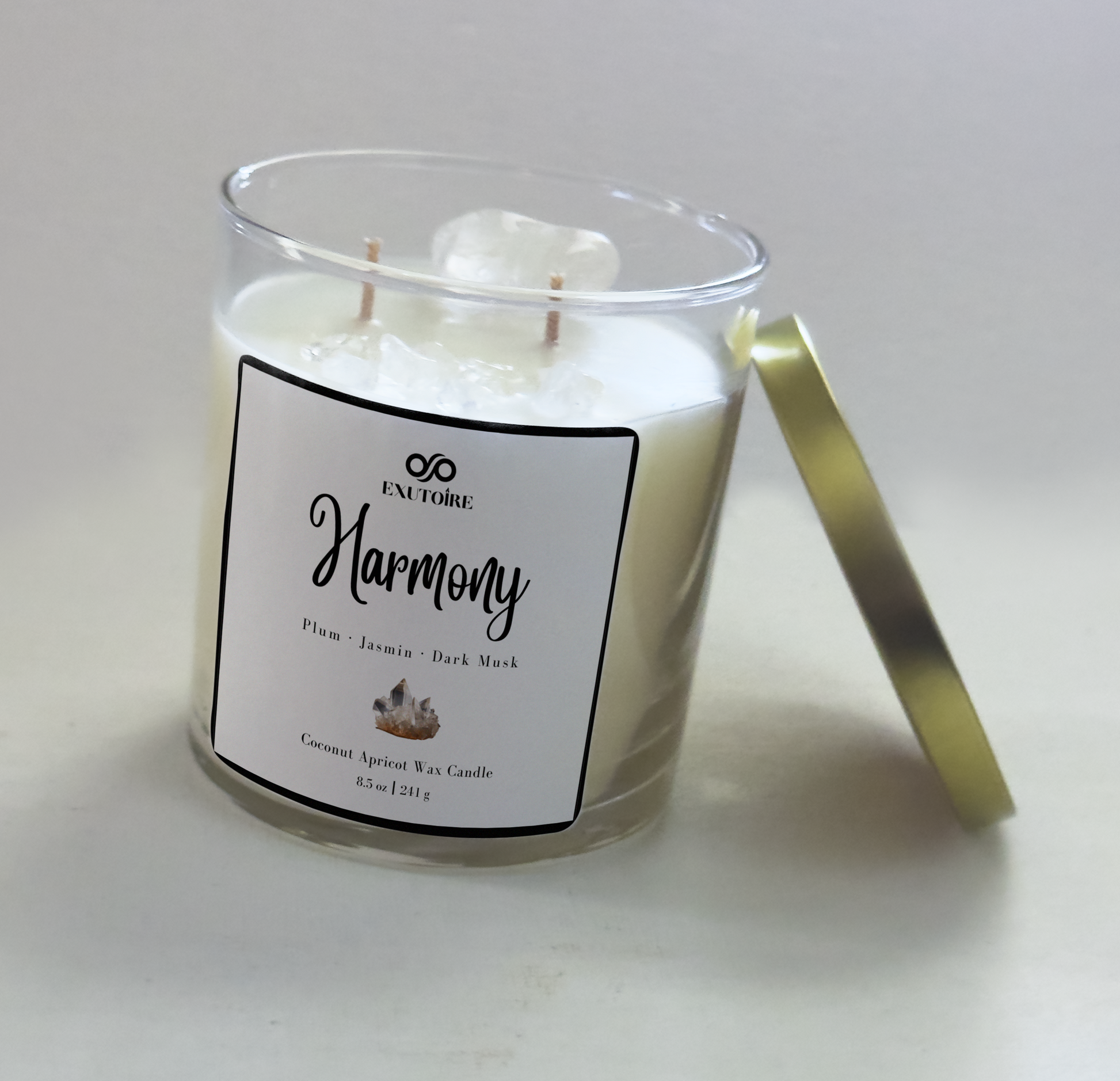 Exutoire Candle Co Harmony, Jasmin, Plum,  Crystal Quartz Gemstone, Home Fragrance 8.5 oz Atlanta GA