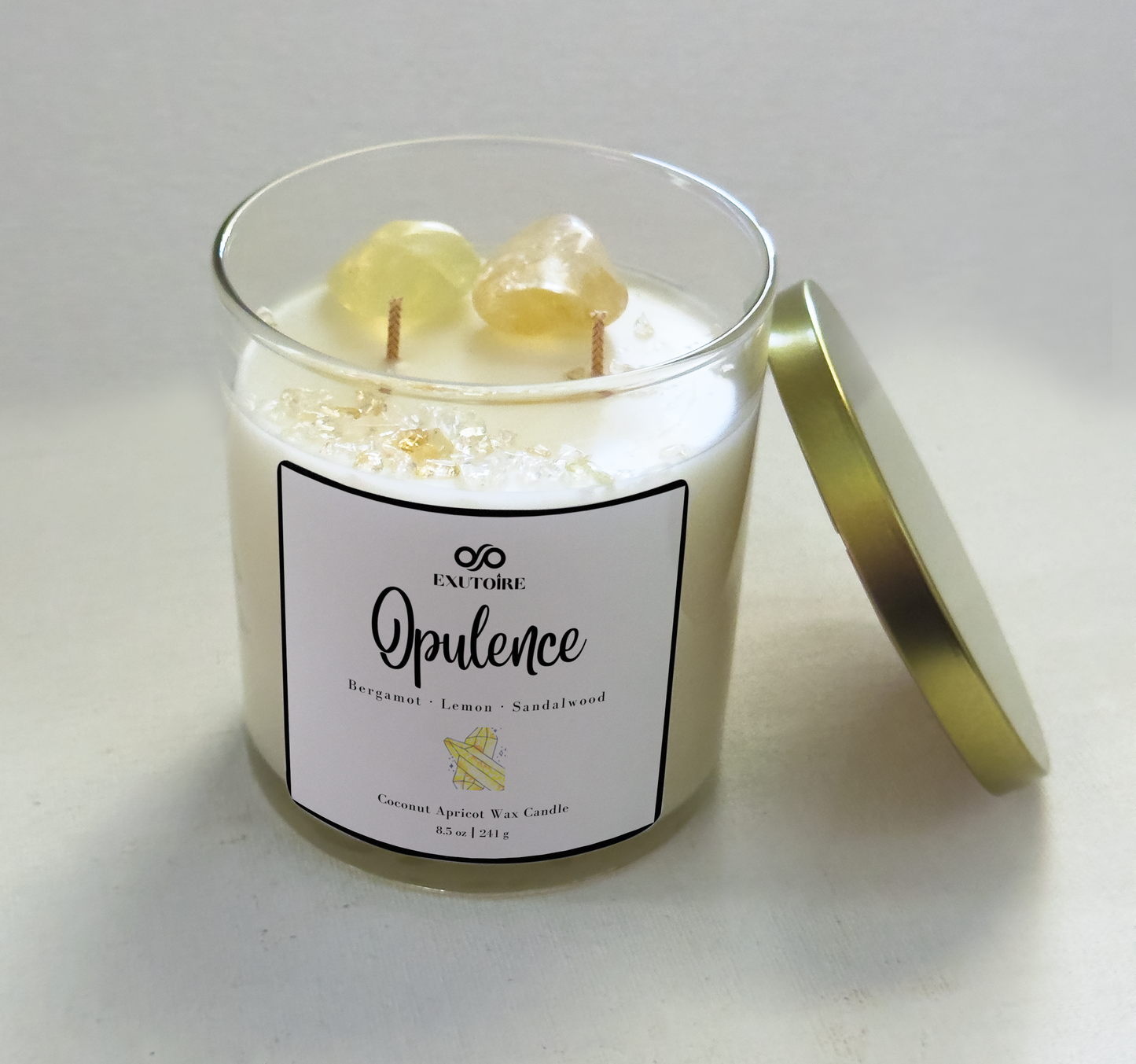 Exutoire Candle Co Opulence, Bergamot, Lemon, Citrine Crystal Gemstone, Home Fragrance 8.5 oz Atlanta GA